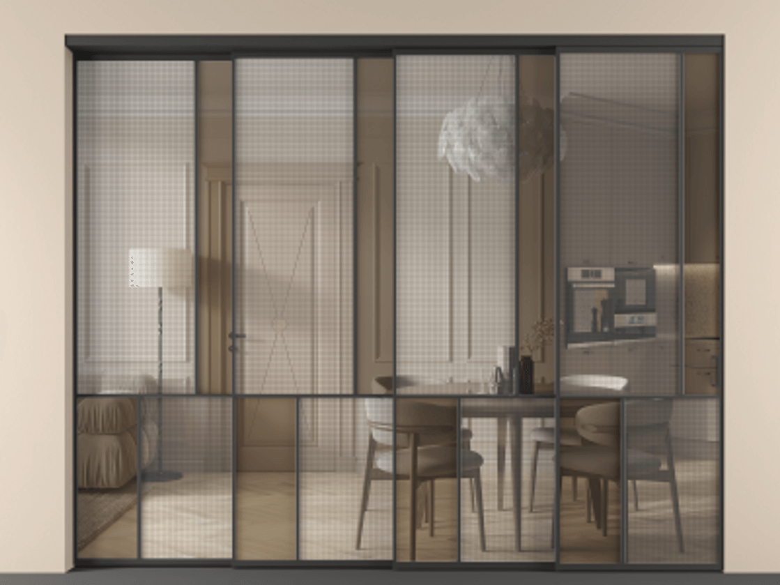 Перегородка Mosaic внутри проёма 4 створки с синхронным механизмом АЛПР 041.21 Алюминий Черный Декоративное стекло с сеткой "Mesh silver", триплекс, 6 мм + Прозрачное бронзовое стекло, триплекс Цена 584060 ₽ | Volhovec