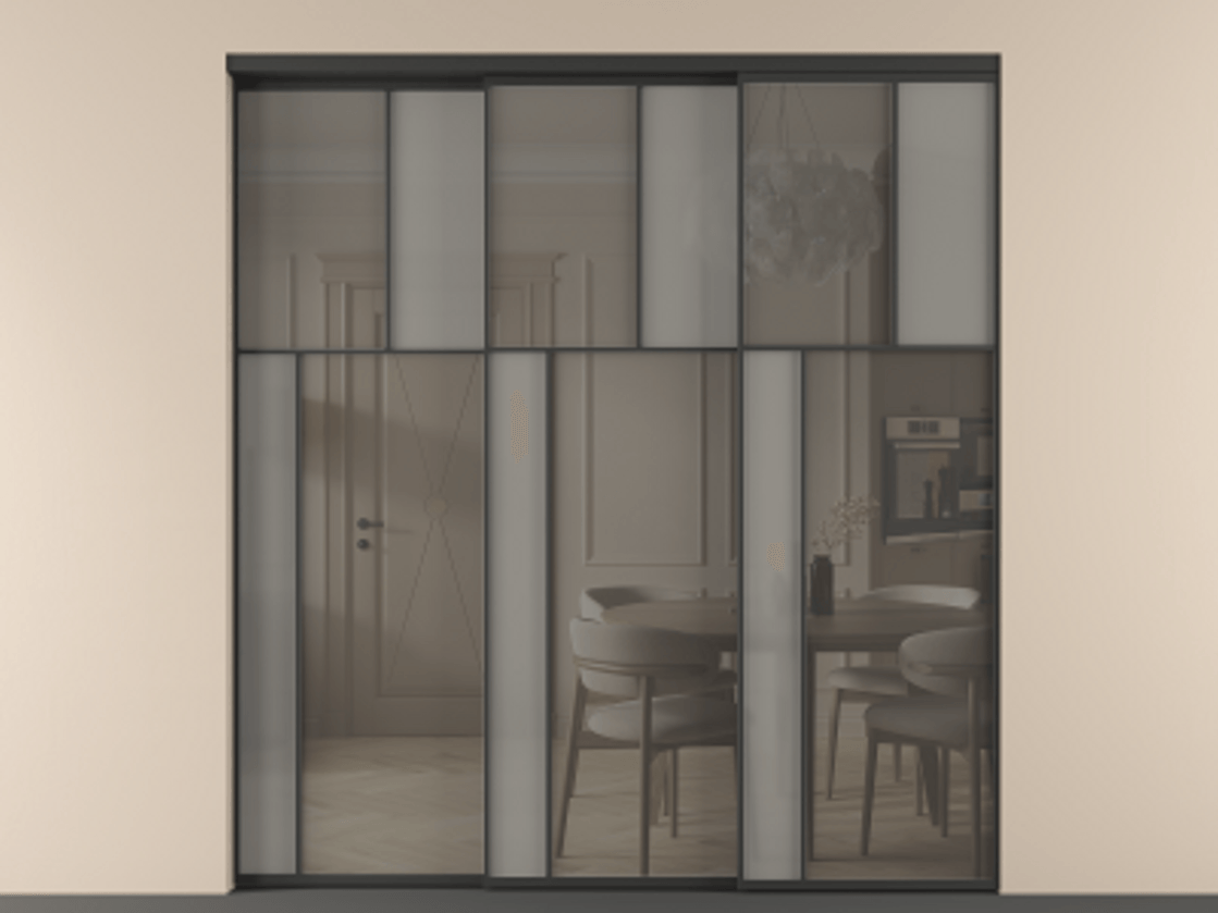 Перегородка Mosaic внутри проёма телескопик синхро 2 АЛПР 041.22 Алюминий Черный Сатинированное серое стекло, триплекс, 6 мм + Прозрачное серое стекло, триплекс, 6 мм Цена 393340 ₽ | Volhovec