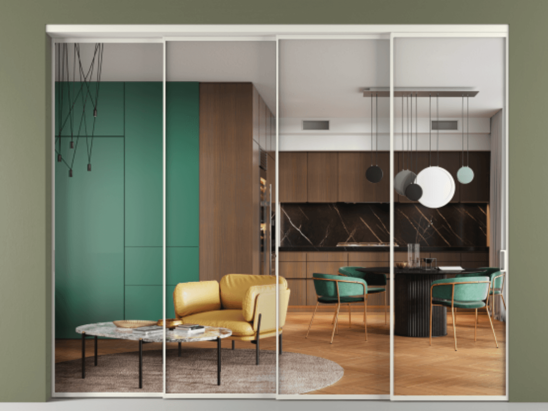 Перегородка Formato внутри проёма 4 створки с синхронным механизмом АЛПР 040.01 Алюминий Белый Прозрачное стекло "Crystal Vision", калёное Цена 510500 ₽ | Volhovec