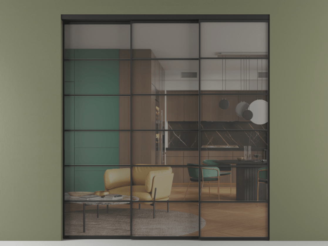 Перегородка Формато внутри проёма 3 створки с синхронным механизмом АЛПР 040.04 Алюминий Черный Прозрачное серое стекло, триплекс. Скрытый короб ЧЕР Цена 2335850 AMD 1. Полотно 3 шт. (800/2100 мм)
2. Комплект установки раздвижной системы
3. Базовый комплект фурнитуры
4. Комплект фурнитуры телескопик синхро-2
5.Ручка Рондо. Фабрика дверей Волховец 8 (800) 551 43 19 Перегородка Формато внутри проёма 3 створки с синхронным механизмом АЛПР 040.04 Алюминий Черный Прозрачное серое стекло, триплекс Цена 2335850 AMD | Volhovec