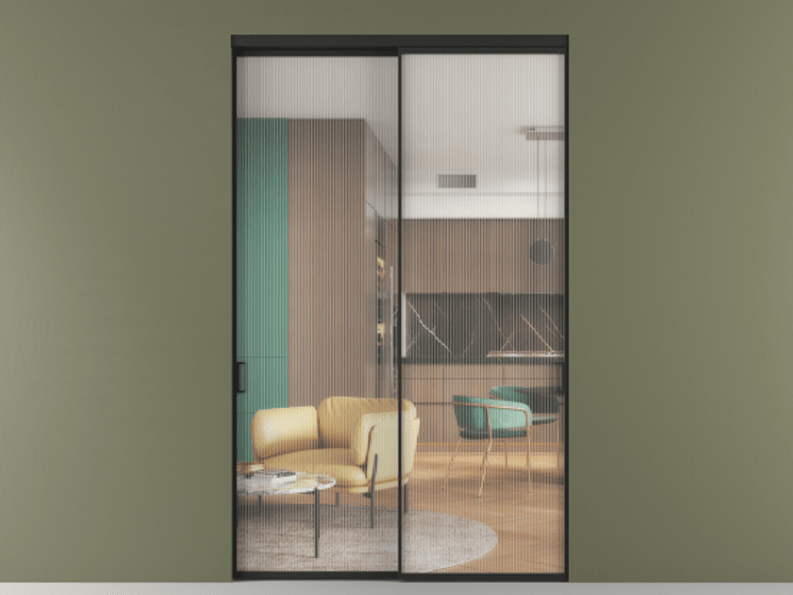 Перегородка Formato внутри проёма двустворчатая АЛПР 040.01 Алюминий Черный Рифлёное стекло "Moru", триплекс. Скрытый короб ЧЕР Цена 90497400 so'm 1. Полотно 2 шт. (800/2100 мм)
2. Комплект установки раздвижной системы
3. Базовый комплект фурнитуры
4.Ручка RONDO. Фабрика дверей Волховец 8 (800) 551 43 19 Перегородка Formato внутри проёма двустворчатая АЛПР 040.01 Алюминий Черный Рифлёное стекло "Moru", триплекс Цена 90497400 so'm | Volhovec