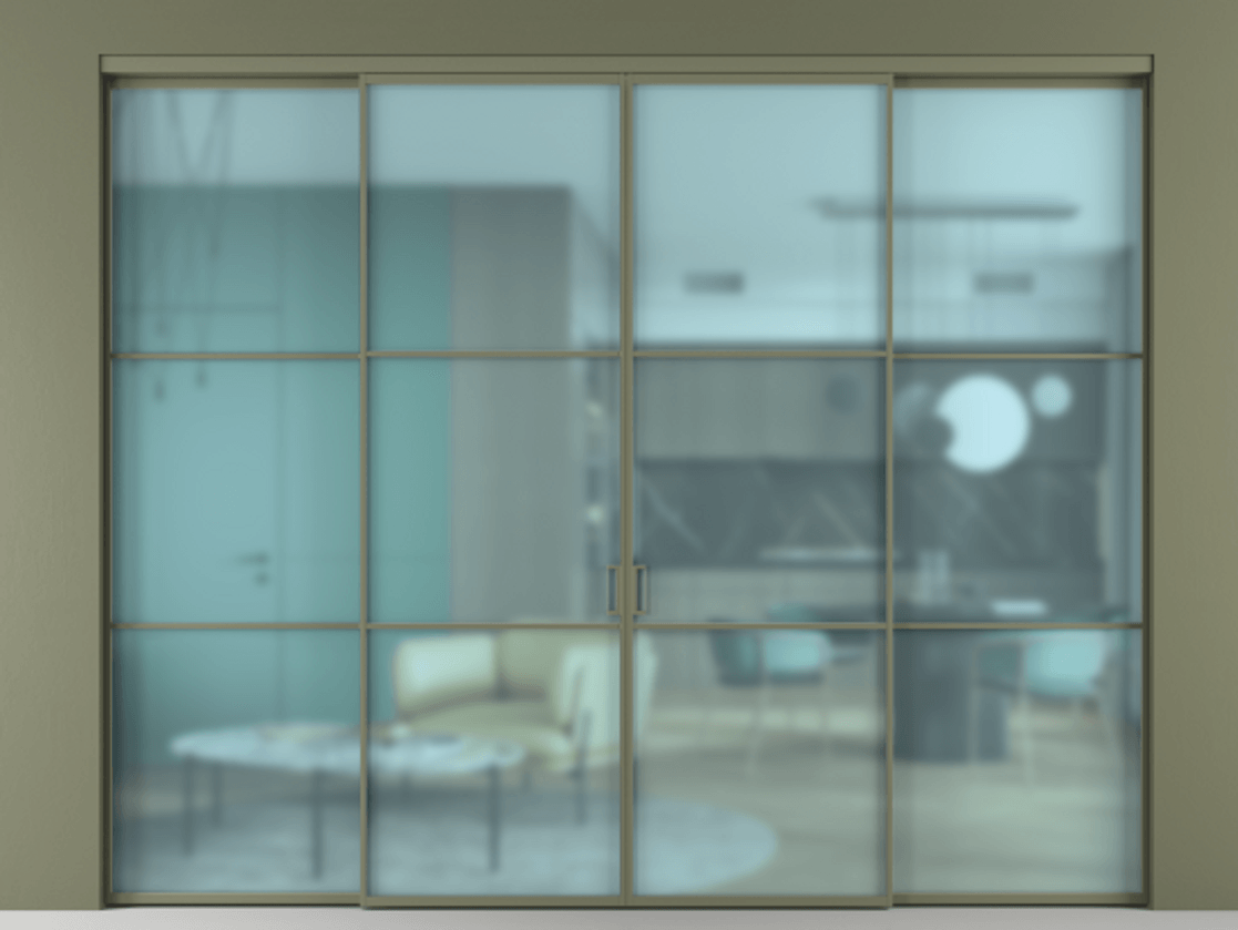 Перегородка Formato внутри проёма четырёхстворчатая АЛПР 040.03 Алюминий оливковый тёмный Сатинированное голубое стекло, триплекс Цена 337120 ₽  | Volhovec