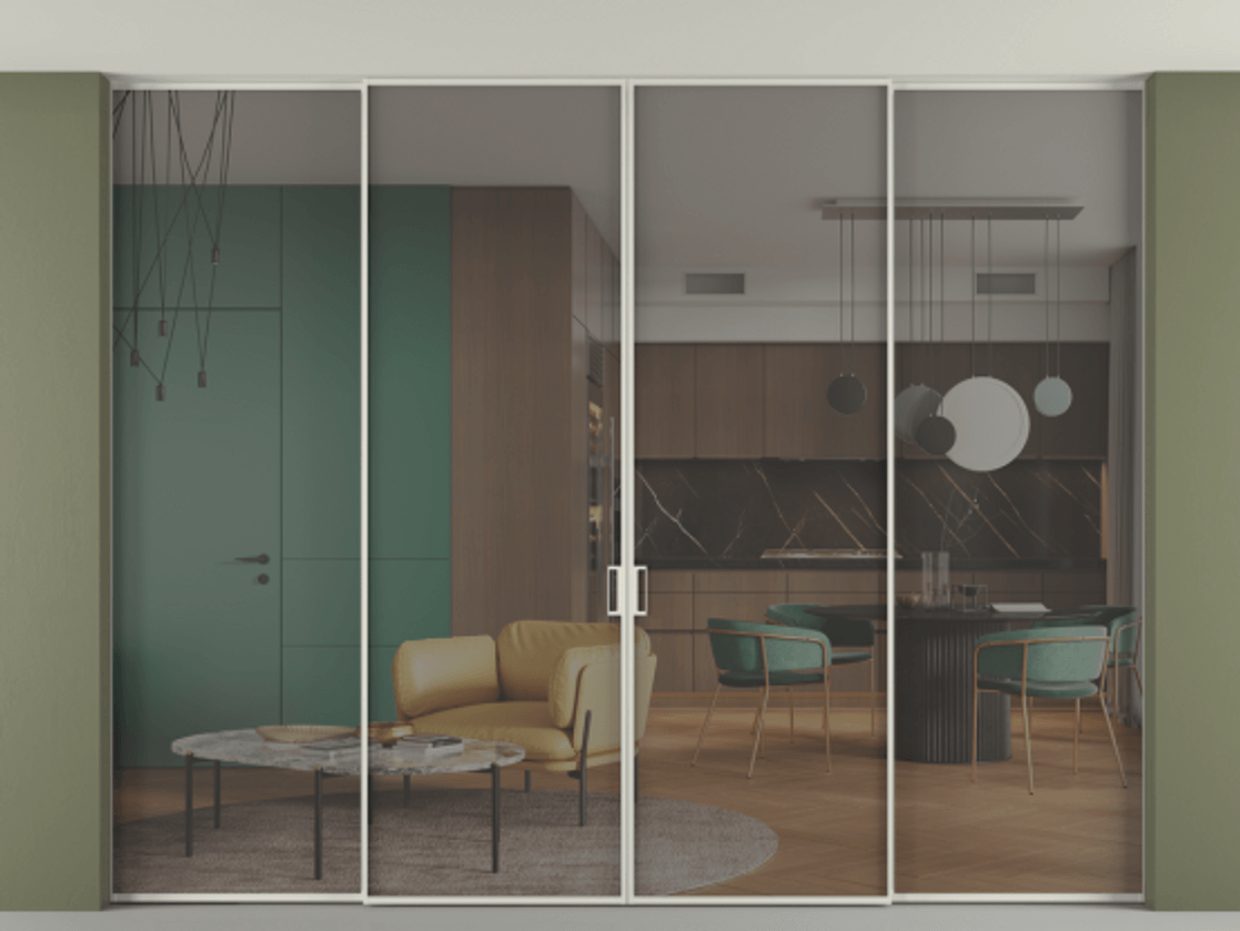 Перегородка Formato внутри проёма скрытое крепление в потолок 4 створки АЛПР 040.01 Алюминий Белый Прозрачное серое стекло, триплекс Цена 484420 ₽ | Volhovec