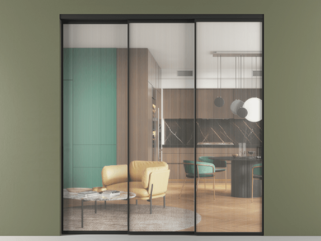 Перегородка Формато внутри проёма 3 створки с синхронным механизмом АЛПР 040.01 Алюминий Черный Рифлёное стекло "Мору", триплекс. Скрытый короб ЧЕР Цена 2261400 AMD 1. Полотно 3 шт. (800/2100 мм)
2. Комплект установки раздвижной системы
3. Базовый комплект фурнитуры
4. Комплект фурнитуры телескопик синхро-2
5.Ручка Рондо. Фабрика дверей Волховец 8 (800) 551 43 19 Перегородка Формато внутри проёма 3 створки с синхронным механизмом АЛПР 040.01 Алюминий Черный Рифлёное стекло "Мору", триплекс Цена 2261400 AMD | Volhovec