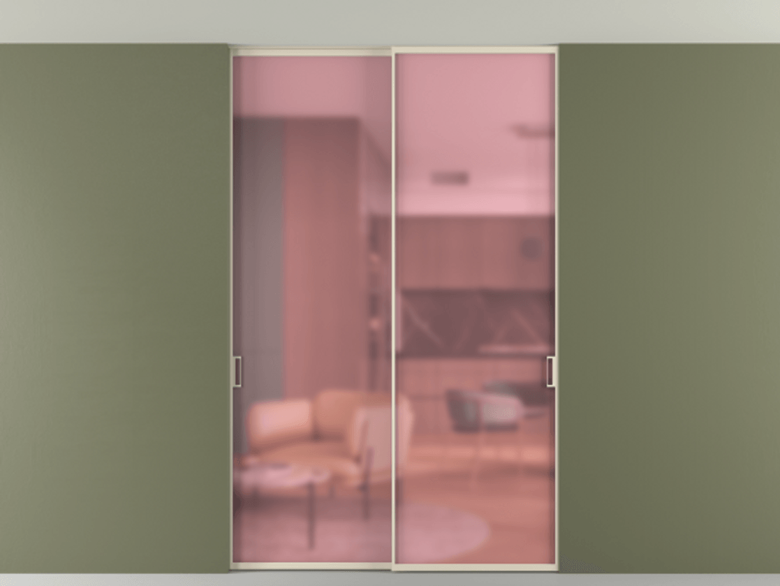 Межкомнатная дверь New Перегородка Formato внутри проёма двустворчатая со скрытым креплением в потолок АЛПР 040.01 Алюминий бежево-серый Сатинированное розовое стекло, триплекс Цена 246972  | Volhovec