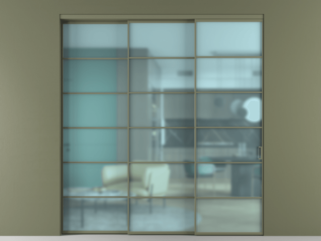 Перегородка Formato внутри проёма 3 створки с синхронным механизмом АЛПР 040.04 Алюминий оливковый тёмный Сатинированное голубое стекло, триплекс Цена 350825 ₽  | Volhovec