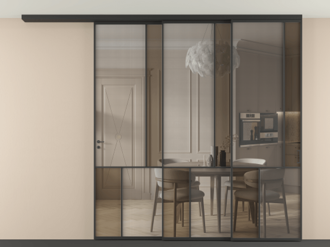 Перегородка Mosaic вдоль стены телескопик синхро 3 АЛПР 041.21 Алюминий Черный Декоративное стекло с сеткой "Mesh silver", триплекс, 6 мм + Прозрачное бронзовое стекло, триплекс, 6 мм Цена 465680 ₽ | Volhovec