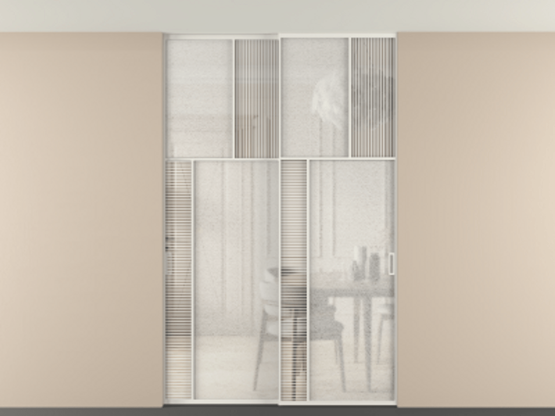 Перегородка Mosaic внутри проёма двустворчатая со скрытым креплением в потолок АЛПР 041.22 Алюминий Белый Рифлёное стекло "Дюна", триплекс, 6 мм + Фактурное стекло "Лёд", триплекс, 6 мм. Скрытый короб БЕЛ Цена 344320 ₽ . Фабрика дверей Волховец 8 (800) 551 43 19 Перегородка Mosaic внутри проёма двустворчатая со скрытым креплением в потолок АЛПР 041.22 Алюминий Белый Рифлёное стекло "Дюна", триплекс, 6 мм + Фактурное стекло "Лёд", триплекс, 6 мм Цена 344320 ₽ | Volhovec