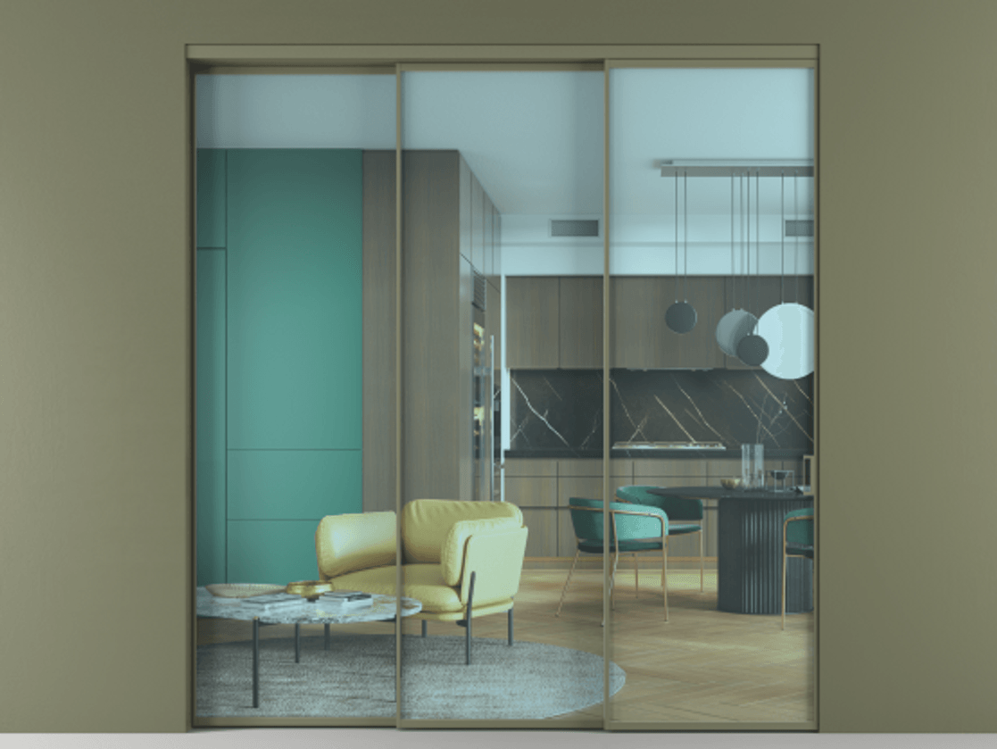 Перегородка Formato внутри проёма телескопик синхро 2 АЛПР 040.01 Алюминий оливковый тёмный Прозрачное голубое стекло, триплекс Цена 331580 ₽  | Volhovec