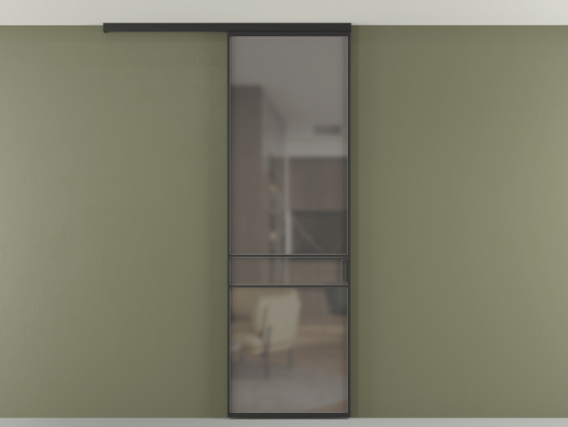 Перегородка Formato вдоль стены на потолок одностворчатая АЛПР 040.02 Алюминий Черный Сатинированное серое стекло, триплекс, 6 мм Цена 106340 ₽ | Volhovec