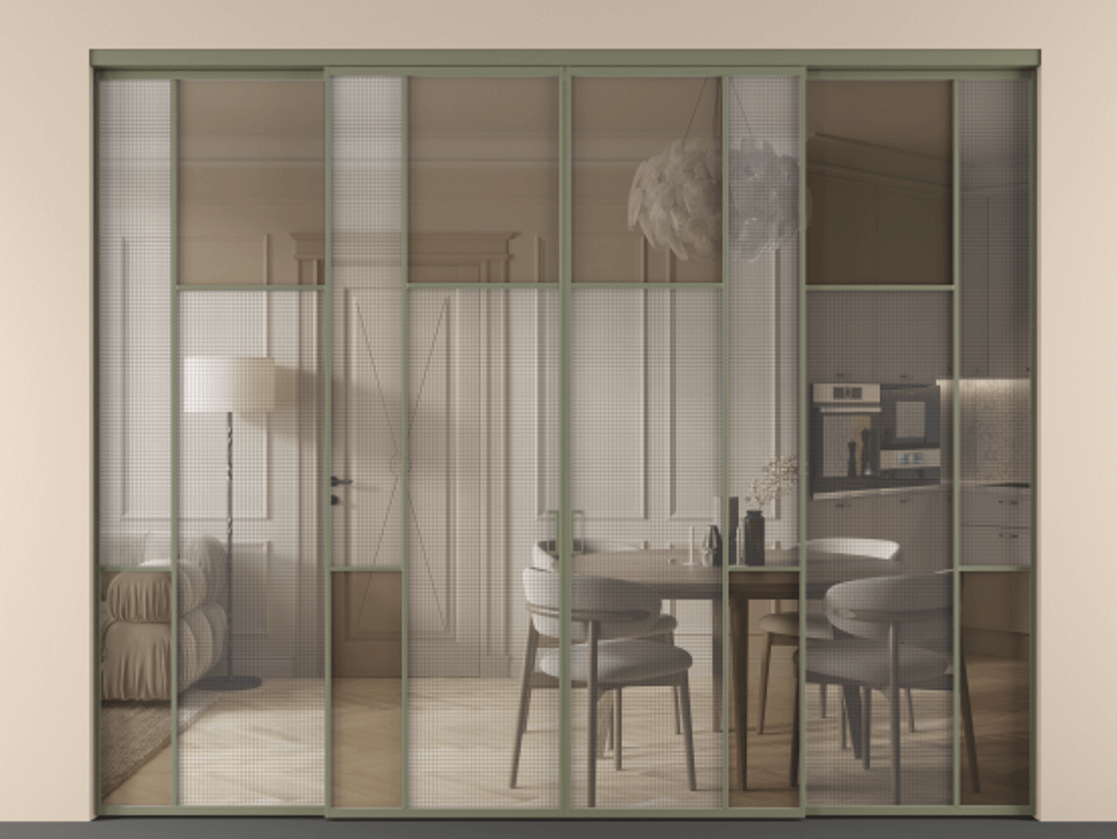 Перегородка Mosaic внутри проёма четырёхстворчатая АЛПР 041.10 Алюминий оливковый тёмный Декоративное стекло с сеткой "Mesh silver", триплекс, 6 мм + Прозрачное бронзовое стекло, триплекс. Цена 98438760 so'm . Фабрика дверей Волховец 8 (800) 551 43 19 Перегородка Mosaic внутри проёма четырёхстворчатая АЛПР 041.10 Алюминий оливковый тёмный Декоративное стекло с сеткой "Mesh silver", триплекс, 6 мм + Прозрачное бронзовое стекло, триплекс Цена 98438760 so'm | Volhovec