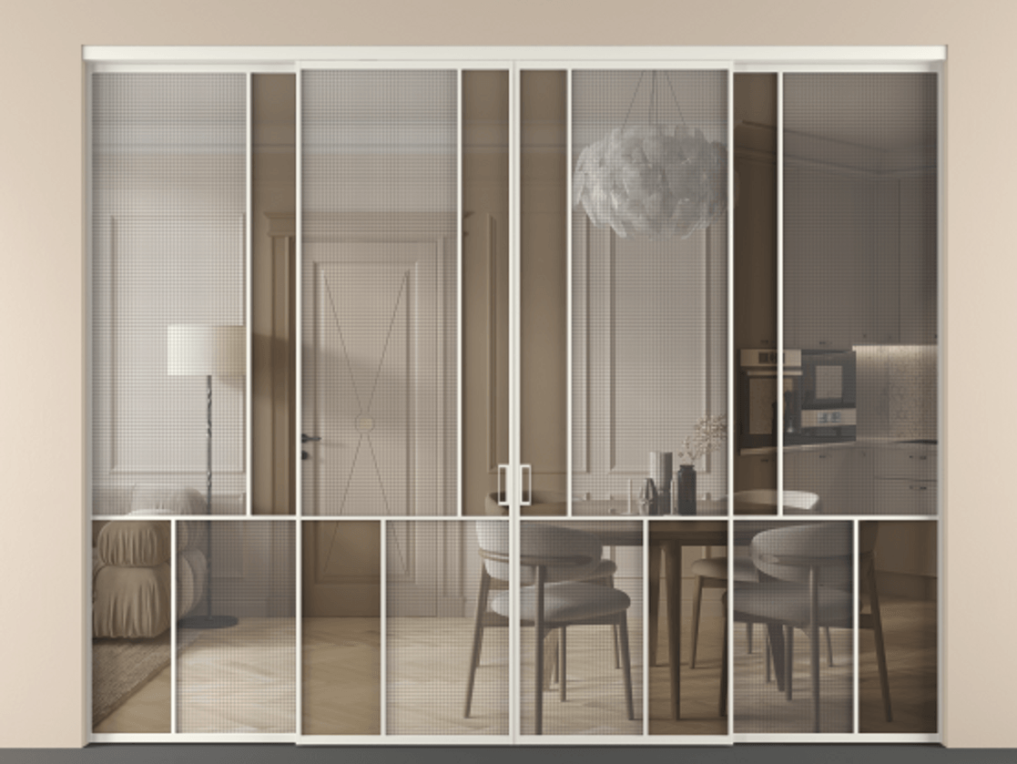 Перегородка Mosaic внутри проёма 4 створки АЛПР 041.20 Алюминий Белый Декоративное стекло с сеткой "Mesh silver", триплекс, 6 мм + Прозрачное бронзовое стекло, триплекс Цена 24290 AZE | Volhovec