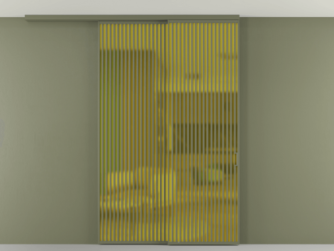 Перегородка Formato вдоль стены на потолок 2 створки с синхронным механизмом АЛПР 040.06 Алюминий оливковый тёмный Сатинированное жёлтое стекло, триплекс Цена 431415 ₽ | Volhovec