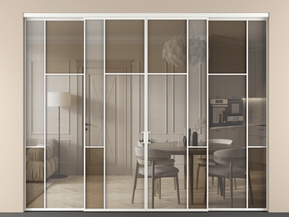 Алюминевая перегородка vnt4_5_АБЛ_MS+Бронза триплекс_new. Цвет Алюминий белоснежный. Материал Алюминий в эмали. Коллекция Перегородка Mosaic внутри проёма четырёхстворчатая. Картинка.