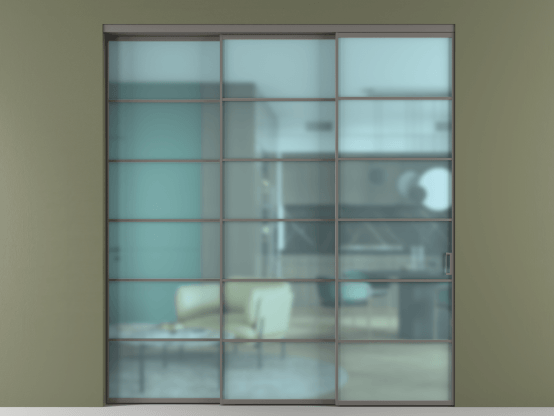 Алюминевая перегородка АЛПР 040.04_АКЛС_САТ ГОЛ_new. Цвет Алюминий классический серый. Материал Алюминий в эмали. Коллекция Перегородка Formato внутри проёма 3 створки с синхронным механизмом. Картинка.