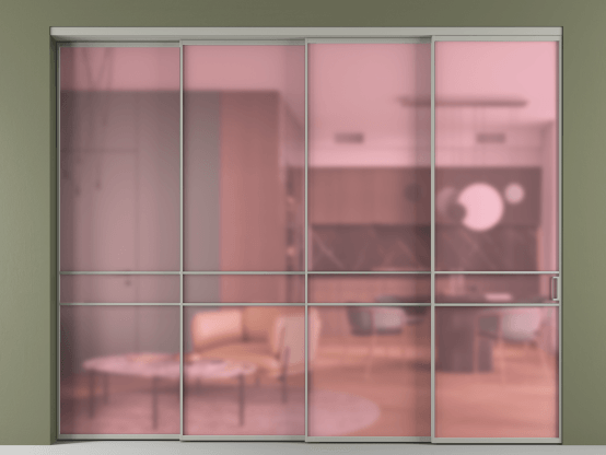 Алюминевая перегородка АЛПР 040.02_АНСР_САТ РОЗ_new. Цвет Алюминий нейтральный серый. Материал Алюминий в эмали. Коллекция Перегородка Formato внутри проёма 4 створки с синхронным механизмом. Картинка.