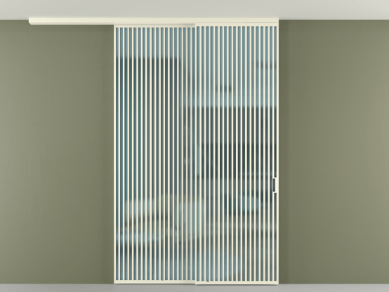 Алюминевая перегородка АЛПР 040.06_АМБ_САТ ГОЛ_new. Цвет Алюминий молочно-белый. Материал Алюминий в эмали. Коллекция Перегородка Formato вдоль стены на потолок 2 створки с синхронным механизмом. Картинка.