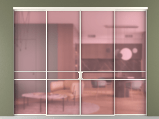 Алюминевая перегородка vn2+2_02_ Алюминий пудровый белый Сатинированное розовое стекло, триплекс, 6мм. Цвет Алюминий пудровый белый. Материал Алюминий в эмали. Коллекция Перегородка Formato внутри проёма 4 створки. Картинка.