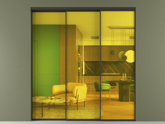 Алюминевая перегородка АЛПР 040.01_ААН_ПРОЗ ЖЕЛ_new. Цвет Алюминий антрацит. Материал Алюминий в эмали. Коллекция Перегородка Formato внутри проёма 3 створки с синхронным механизмом. Картинка.