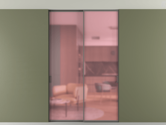 Алюминевая перегородка АЛПР 040.01_АКЛС_САТ РОЗ_new. Цвет Алюминий классический серый. Материал Алюминий в эмали. Коллекция Перегородка Formato внутри проёма скрытое крепление в потолок 2 створки. Картинка.