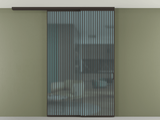 Алюминевая перегородка АЛПР 040.06_ААН_САТ ГОЛ_new. Цвет Алюминий антрацит. Материал Алюминий в эмали. Коллекция Перегородка Formato вдоль стены на потолок 2 створки с синхронным механизмом. Картинка.