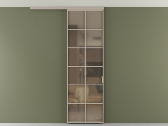 Алюминевая перегородка АЛПР 040.05_АБСК_Бронза сатин триплекс_new. Цвет Алюминий бисквитный. Материал Алюминий в эмали. Коллекция Перегородка Формато вдоль стены на потолок 1 створка. Картинка.