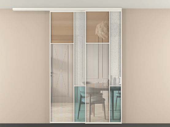 Алюминевая перегородка vdt2_7 Алюминий пудровый белый Четыре стекла. Цвет Алюминий пудровый белый. Материал Алюминий в эмали. Коллекция Перегородка Mosaic вдоль стены на потолок 2 створки с синхронным механизмом. Картинка.