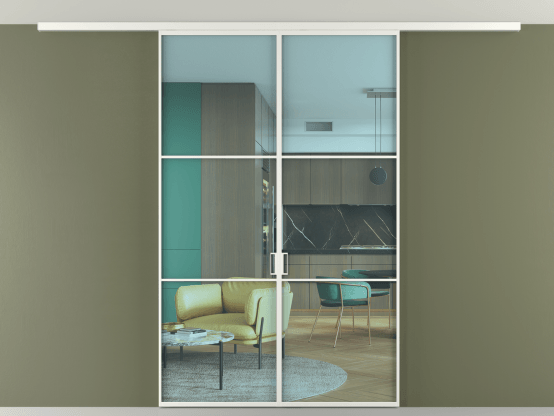 Алюминевая перегородка vd2_03 Алюминий светло-серый Прозрачное голубое стекло, триплекс, 6мм. Цвет Алюминий светло-серый. Материал Алюминий в эмали. Коллекция Перегородка Formato вдоль стены на потолок 2 створки. Картинка.