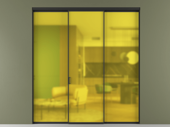 Алюминевая перегородка АЛПР 040.01_ЧРН_САТ ЖЕЛ_new. Цвет Алюминий Черный. Материал Алюминий. Коллекция Перегородка Formato внутри проёма 3 створки. Картинка.