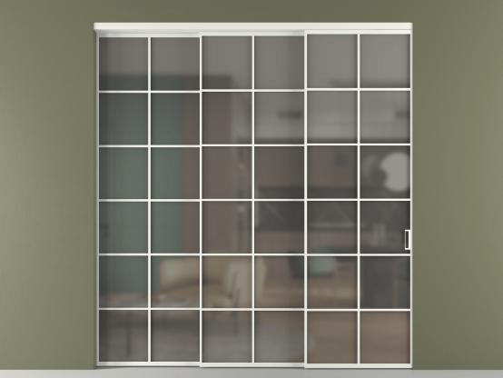 Алюминевая перегородка vn3_05_ Алюминий светло-серый Серый сатин матовое. Цвет Алюминий светло-серый. Материал Алюминий в эмали. Коллекция Перегородка Formato внутри проёма 3 створки с синхронным механизмом. Картинка.