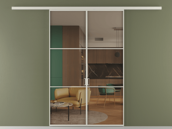 Алюминевая перегородка vd2_03_ Алюминий тёплый серый Бронза прозрачное. Цвет Алюминий тёплый серый. Материал Алюминий в эмали. Коллекция Перегородка Formato вдоль стены 2 створки. Картинка.