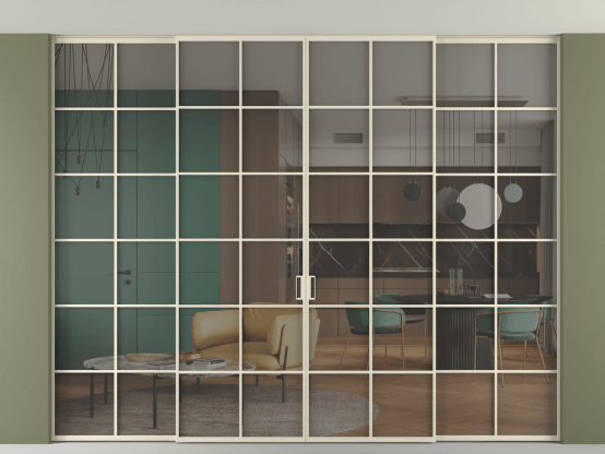 Алюминевая перегородка vn2+2_05 Алюминий бежево-серый Серый прозрачное. Цвет Алюминий бежево-серый. Материал Алюминий в эмали. Коллекция Перегородка Formato внутри проёма скрытое крепление в потолок 4 створки. Фото. Алюминевая перегородка vn2+2_05 Алюминий бежево-серый Серый прозрачное. Цвет Алюминий бежево-серый. Материал Алюминий в эмали. Коллекция Перегородка Formato внутри проёма скрытое крепление в потолок 4 створки. Картинка.