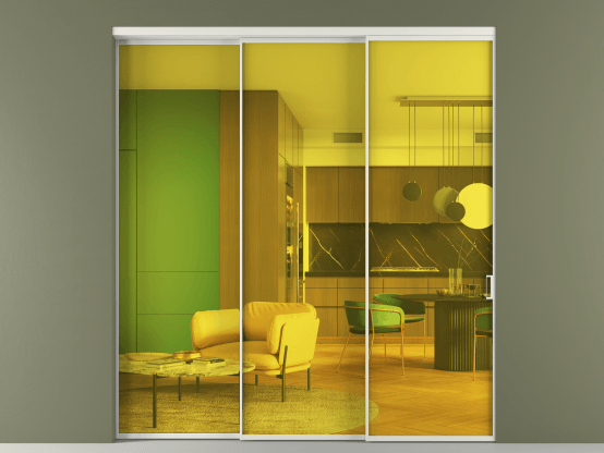 Алюминевая перегородка АЛПР 040.01_АСР_ПРОЗ ЖЕЛ_new. Цвет Алюминий серый. Материал Алюминий в эмали. Коллекция Перегородка Formato внутри проёма 3 створки с синхронным механизмом. Картинка.