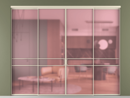 Алюминевая перегородка vn2+2_02_ Алюминий бежево-серый Сатинированное розовое стекло, триплекс, 6мм. Цвет Алюминий бежево-серый. Материал Алюминий в эмали. Коллекция Перегородка Formato внутри проёма 4 створки. Картинка.