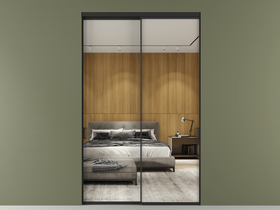 Алюминевая перегородка vn2_01 Зеркало триплекс ЧЕР. Цвет Алюминий Черный. Материал Алюминий. Коллекция Перегородка Formato внутри проёма 2 створки. Картинка.