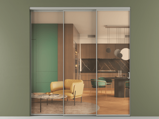 Алюминевая перегородка АЛПР 040.01_АНСР_ПРОЗ ОРАНЖ_new. Цвет Алюминий нейтральный серый. Материал Алюминий в эмали. Коллекция Перегородка Formato внутри проёма 3 створки с синхронным механизмом. Картинка.