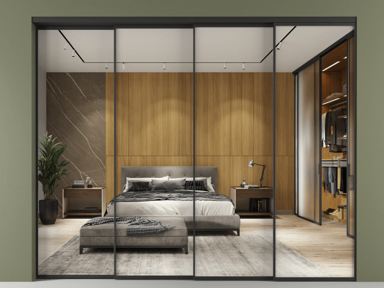 Алюминевая перегородка vn4_01 Зеркало триплекс ЧЕР. Цвет Алюминий Черный. Материал Алюминий. Коллекция Перегородка Formato внутри проёма 4 створки с синхронным механизмом. Картинка.